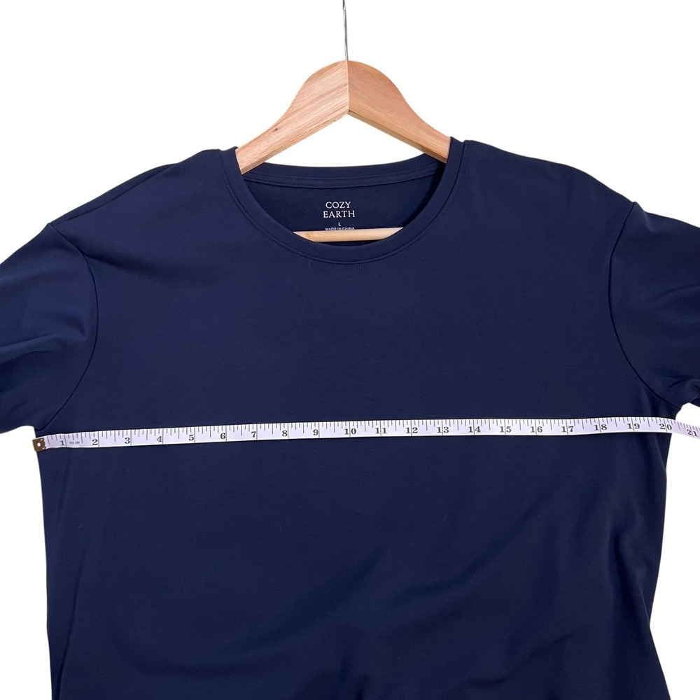 Cozy Earth Brushed Bamboo Short Sleeve Midi Slit Dress in Navy Pockets SZ L - Picture 12 of 13